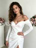 Off The Shoulder Long Sleeves Satin A Line Wedding Dress With Slit