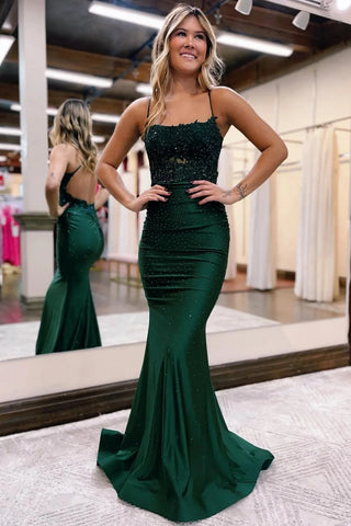 Backless Spaghetti Straps Appliques Dark Green Prom Dress