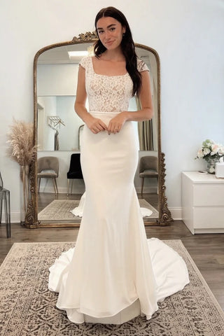 Lace Square Backless Trumpet Mermaid Wedding Dress