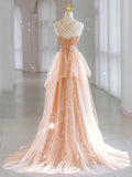 Champagne Gold Sequin Rufles Lace Up Tulle Prom Dress
