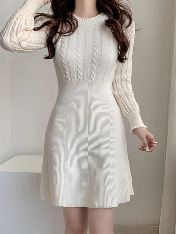 Cable Pattern Cream Knit Bodycon Dress