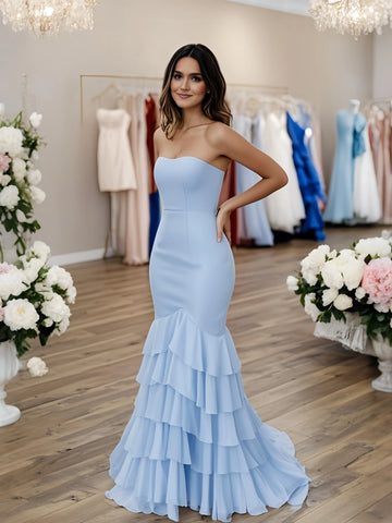 Trumpet Mermaid Chiffon Strapless Light Blue Prom Dress