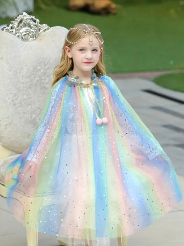 Celestial Rainbow Princess Tulle Cloak with Sparkling Star Accents