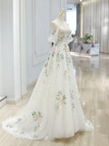 Floral  Off Shoulder Ivory Tulle Applique Prom Dress