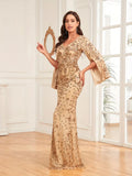 Gold Mermaid Long Sleeves Sequin V Neck Prom Dress