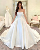 Satin Chapel Train A Line Strapless Wedding Dress