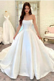 Satin Chapel Train A Line Strapless Wedding Dress