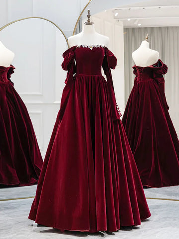 Long Sleeve Beading Ruby Red Velvet Prom Dress