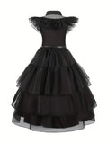 Sophisticated Black Belted Dress with Tulle Layers for Girls