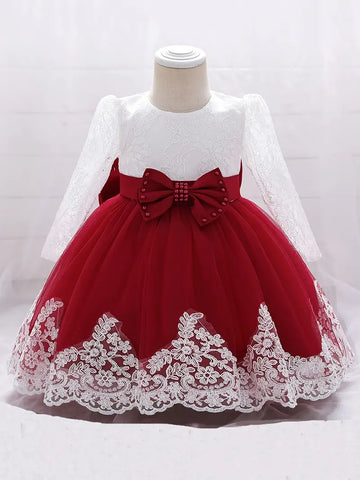 Red Baby Girl Toddler Long Sleeve Lace Baptism Dress