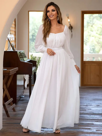 Square Neckline Long Sleeve White Chiffon Maxi Party Dress M Square Neckline Long Sleeve White Chiffon Maxi Party Dress M