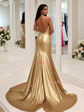 Trumpet Mermaid Gold V neck Satin Prom Dress With Slit