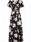 Black Summer Short Sleeve Floral Maxi Long Dress