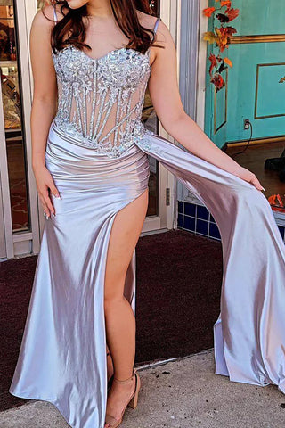Silver See Through Mermaid Satin Prom Dress With Slit