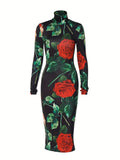 Vintage Floral High Neck Long Sleeve Bodycon Dress