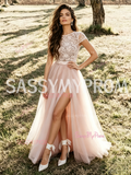 Scoop A Line Lace Tulle Pink Wedding Dress With Slit