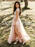 Scoop A Line Lace Tulle Pink Wedding Dress With Slit