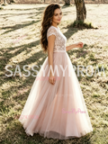 Scoop A Line Lace Tulle Pink Wedding Dress With Slit