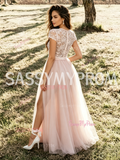 Scoop A Line Lace Tulle Pink Wedding Dress With Slit