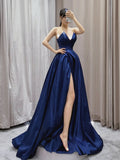 Debonair Navy Satin V Neck Prom Dress With Slit