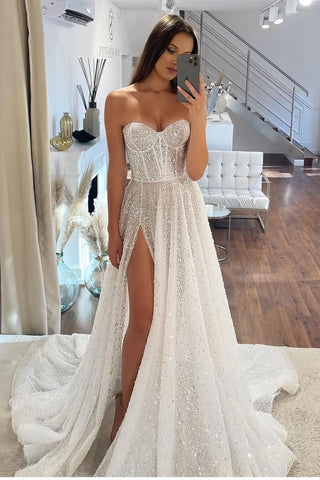 Sparkle Sequins A Line Sweetheart Wedding Dress With Slit