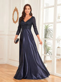 Midnight Navy Satin  Bejeweled Bodice Prom Dress