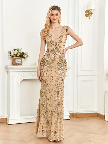 gold sequin cap sleeve dress Sequin cap sleeve gown with basque waist