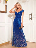 Sapphire Off-Shoulder Cap Sleeves Sequined Mermaid Dress