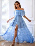 Chiffon Ruffles Blue Off Shoulder Maxi Dress