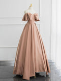 Off Shoulder Satin Champagne Lace Up Prom Dress