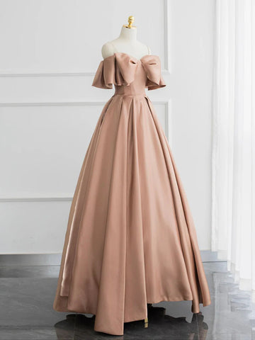 Off Shoulder Satin Champagne Lace Up Prom Dress