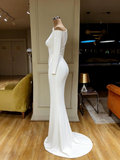 Long Sleeves White Asymmetric Neckline Satin Prom Dress