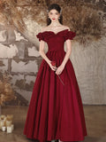 Off The Shoulder Satin Burgundy A Line Prom Dress