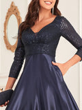 Midnight Navy Satin  Bejeweled Bodice Prom Dress