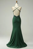 Backless Spaghetti Straps Appliques Dark Green Prom Dress