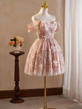 Flower Lace Pink Off The Shoulder Homecoming Dress