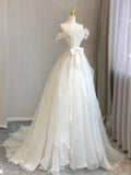 Organza A Line White Wedding Dress with Bow