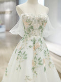 Floral  Off Shoulder Ivory Tulle Applique Prom Dress