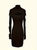 Rhinestone Embellished Cutouts Black Dress