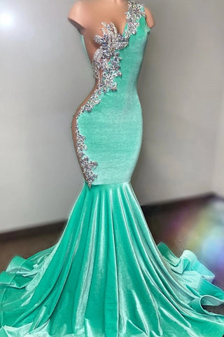 Mint Green Velvet Crstyal Sheer Mermaid Prom Dress