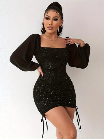 2023 Black Square Neck Side Drawstring Ruched Bodycon Dress – Sassymyprom