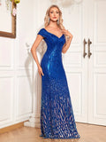 Sapphire Off-Shoulder Cap Sleeves Sequined Mermaid Dress