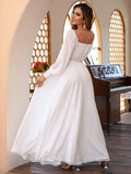 Square Neckline Long Sleeve White Chiffon Maxi Party Dress