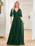 Cape Sleeve Sequin V Neck A Line Maxi Party Dress