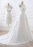 White lace wedding dress with sleeveless fitted bodice, sheer neckline, and long train on mannequin | PicSEO 1787445843751