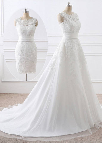 White lace wedding dress with sleeveless fitted bodice, sheer neckline, and long train on mannequin | PicSEO 1787445843751