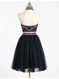 Sleeveless black dress with embroidered patterned bodice and flared tulle skirt on mannequin | PicSEO 1787445904670
