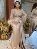 Silver V Neck Long Sleeve Feather Sequin Prom Dress