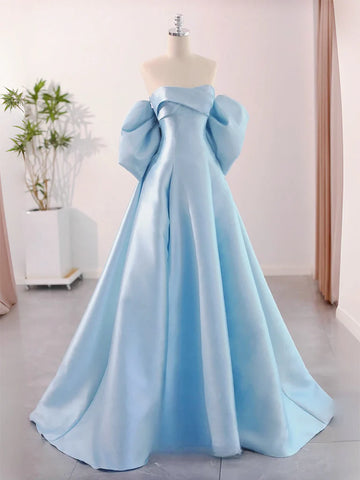 Sky Blue Short Sleeve A Line Satin Prom Dress
