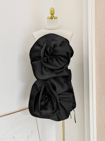 Satin Flower Strapless Black Short Mini Homecoming Dress